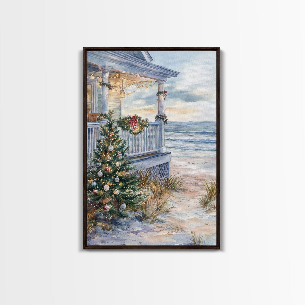 Coastal Christmas Tree Framed Canvas Print, Festive Holiday Decor Tree Beach and Ocean View, Nautical Wall Art Tropical Christmas Decor