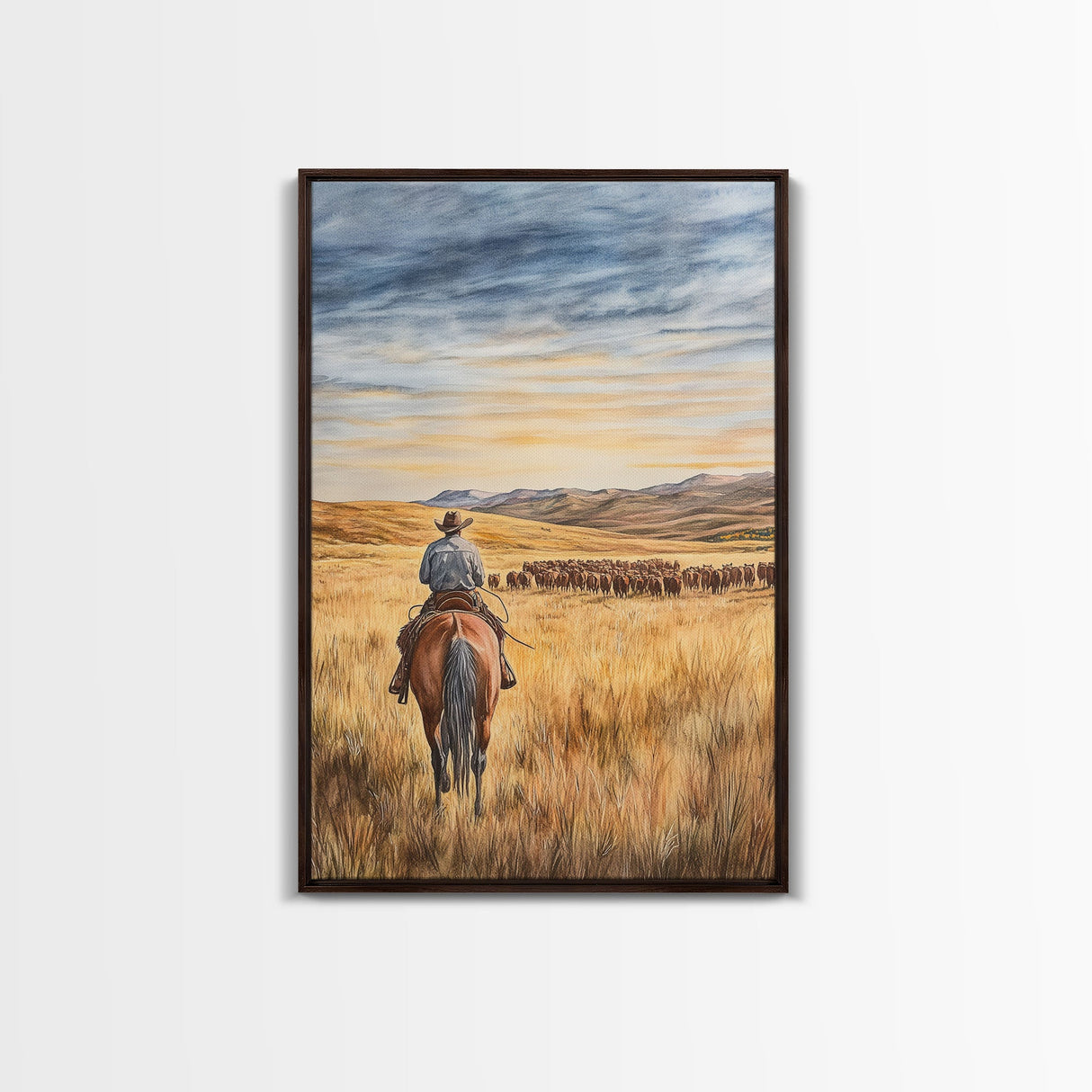 Cowboy leading cattle across golden prairie, Framed Canvas Print, western landscape wall art for rustic farmhouse decor, gift idea holiday