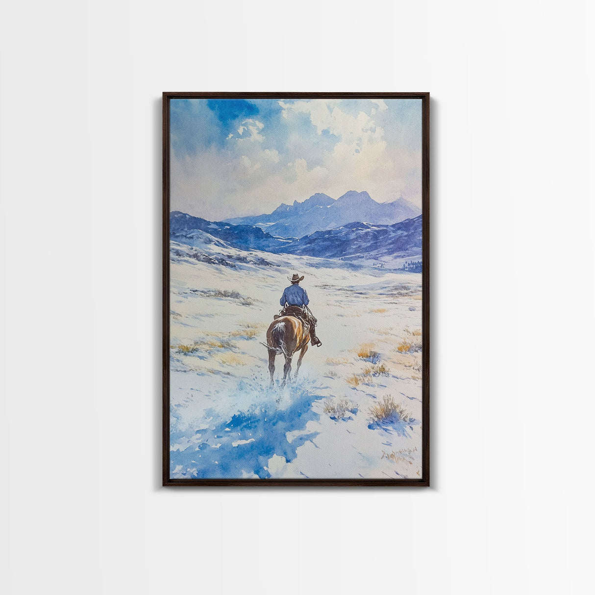 Cowboy riding through snowy mountain pass, Framed Canvas Print, western winter landscape wall art, farmhouse holiday decor Christmas gift