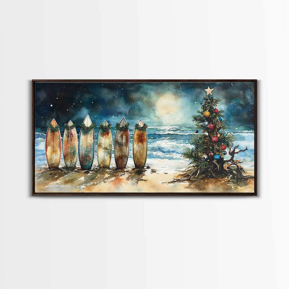 Canvas Print Surfboards and Christmas Tree at Beach, Tropical Christmas Decor, Beach Christmas Art, Coastal Holiday Wall Art