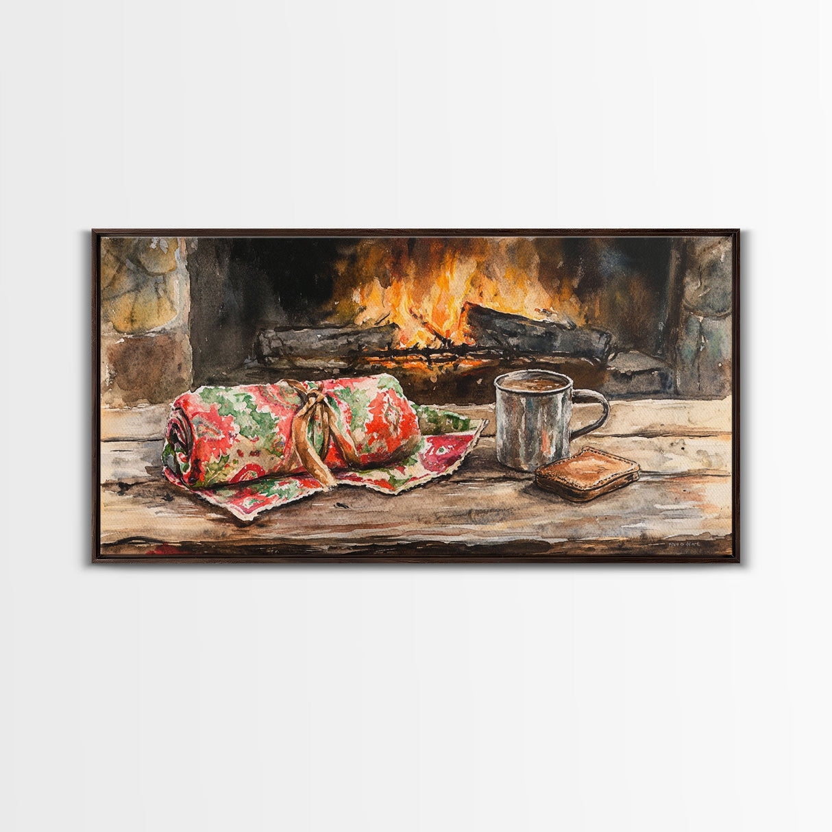 Canvas Print Cozy Fireplace with Christmas Blanket and Mug, Rustic Christmas Decor, Holiday Home Art, Warm Christmas Wall Art