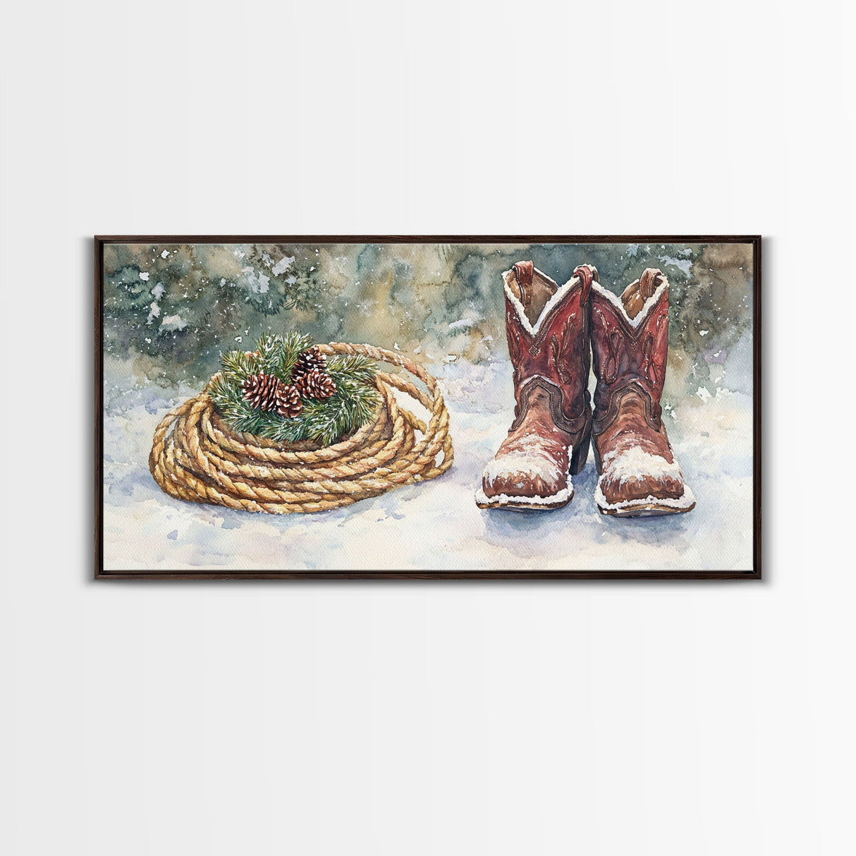 Canvas Print Cowboy Boots with Christmas Wreath and Rope, Rustic Christmas Decor, Winter Western Holiday Art, Farmhouse Wall Print