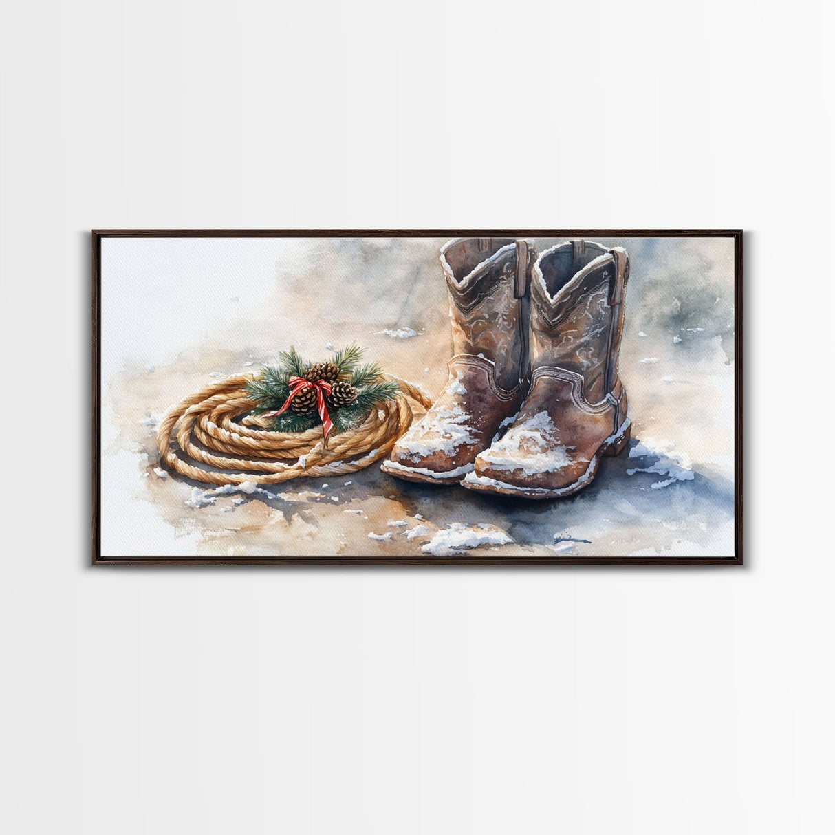 Framed Canvas Print Cowboy Boots and Rope with Pinecones, Rustic Winter Decor, Western Christmas Art, Perfect Holiday Wall Print