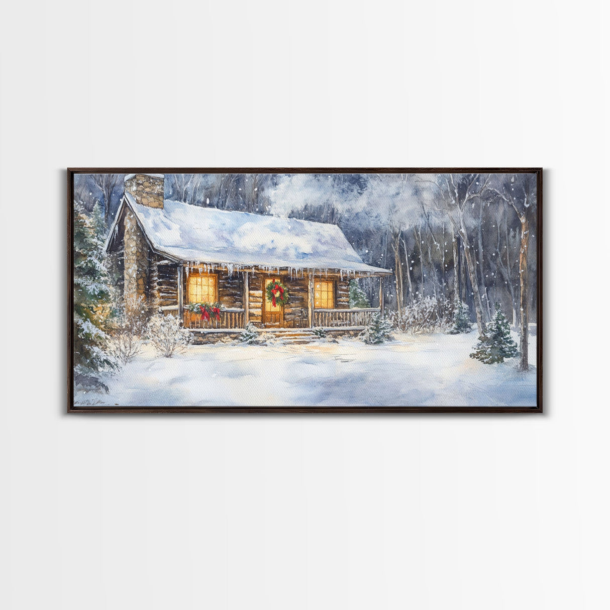 Snowy cabin Christmas decor, winter wonderland wall art, rustic farmhouse Christmas print, cozy country home decor, framed canvas print