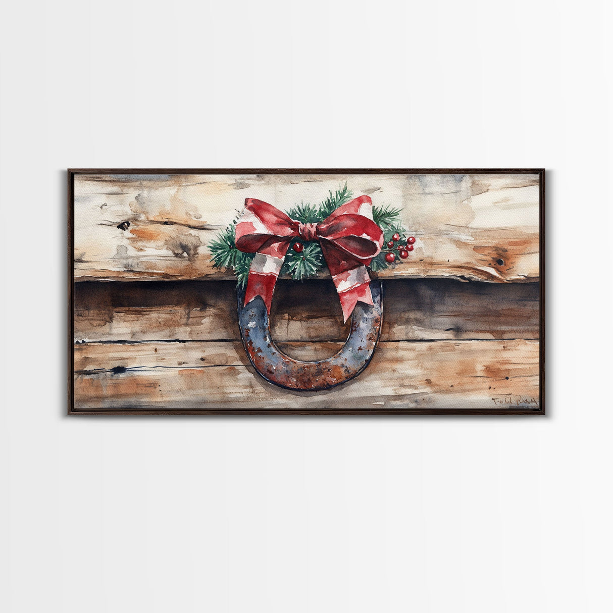 Festive horseshoe Christmas art, rustic holiday decor, farmhouse holiday gift idea, cozy winter home decor, framed canvas print