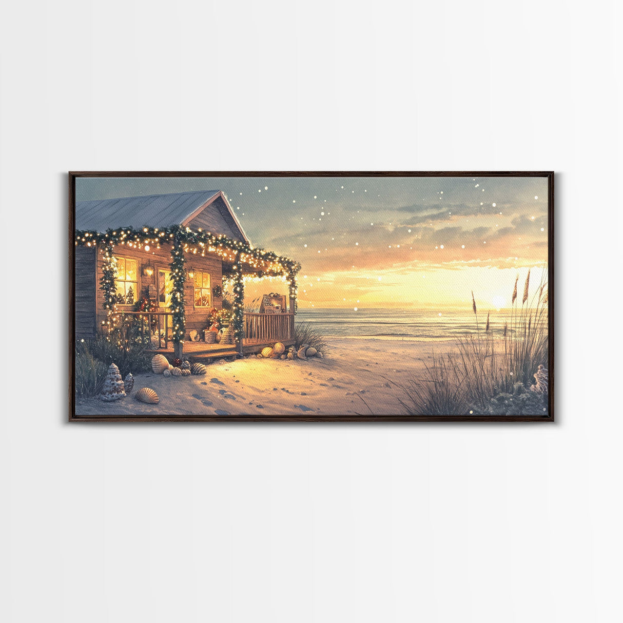 Christmas beach house decor, coastal holiday home art, seaside Christmas wall art, festive beach house print, framed canvas print