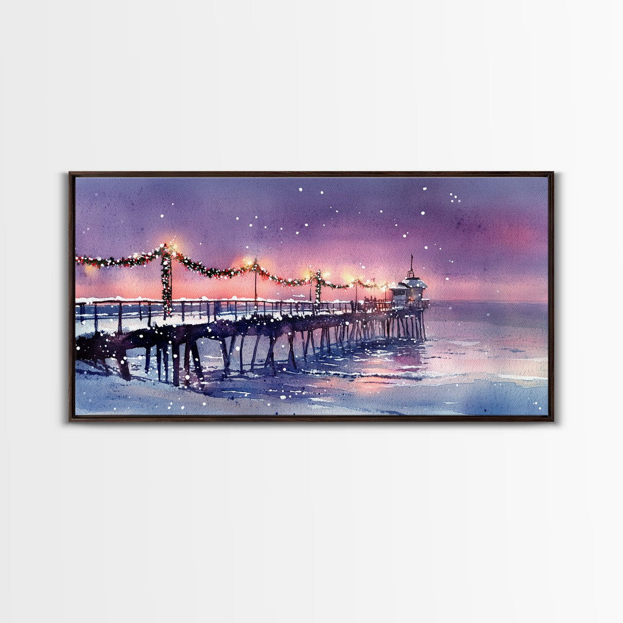 Snow-Covered Pier at Dusk with Christmas Lights, Framed Canvas Print, Coastal Holiday Decor, Winter Wonderland, Nautical Christmas Wall Art
