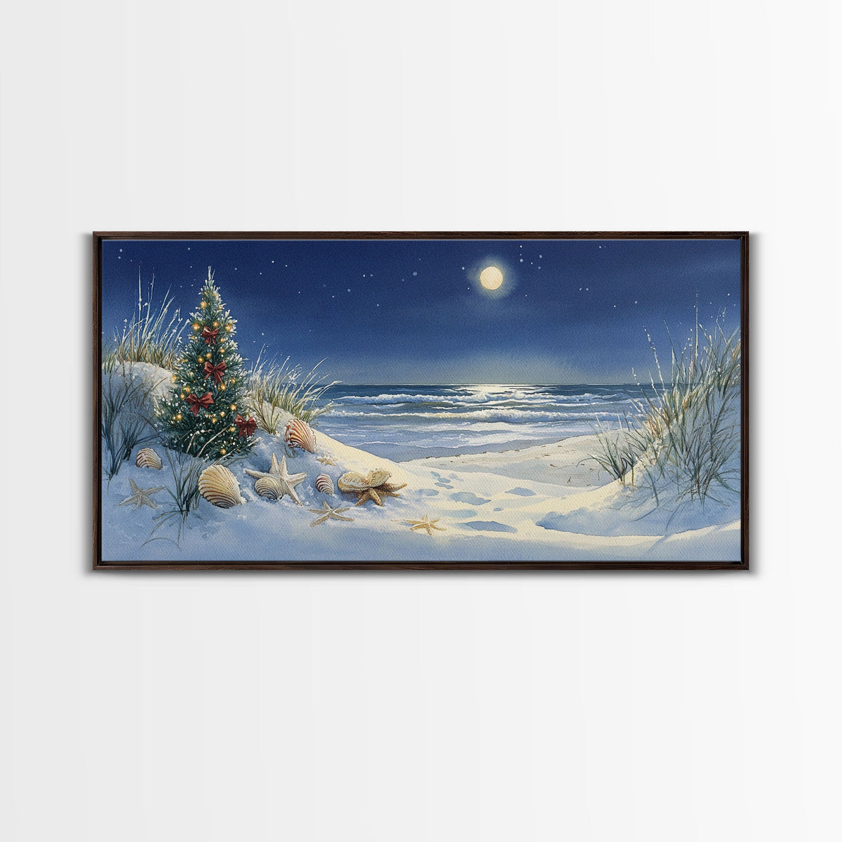 Christmas Tree on Snowy Beach with Full Moon, Framed Canvas Print, Coastal Christmas Art, Nautical Holiday Decor, Winter Wonderland, Beach