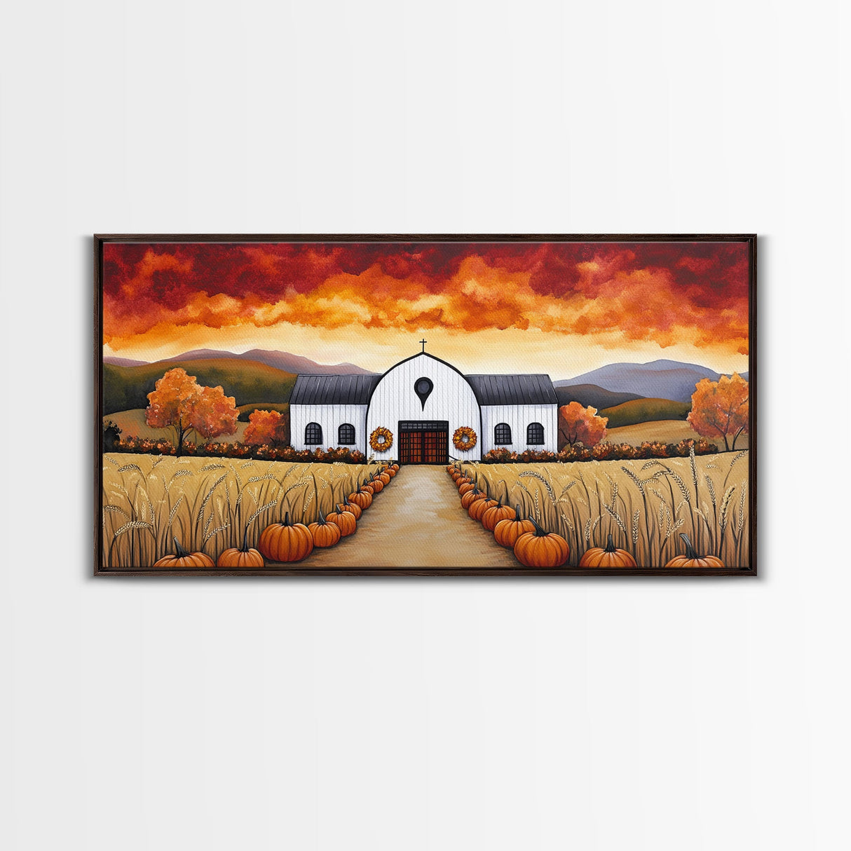 Autumn pumpkin farm with barn, canvas print, fall farmhouse decor, rustic autumn home decor, cozy fall harvest wall art for seasonal display