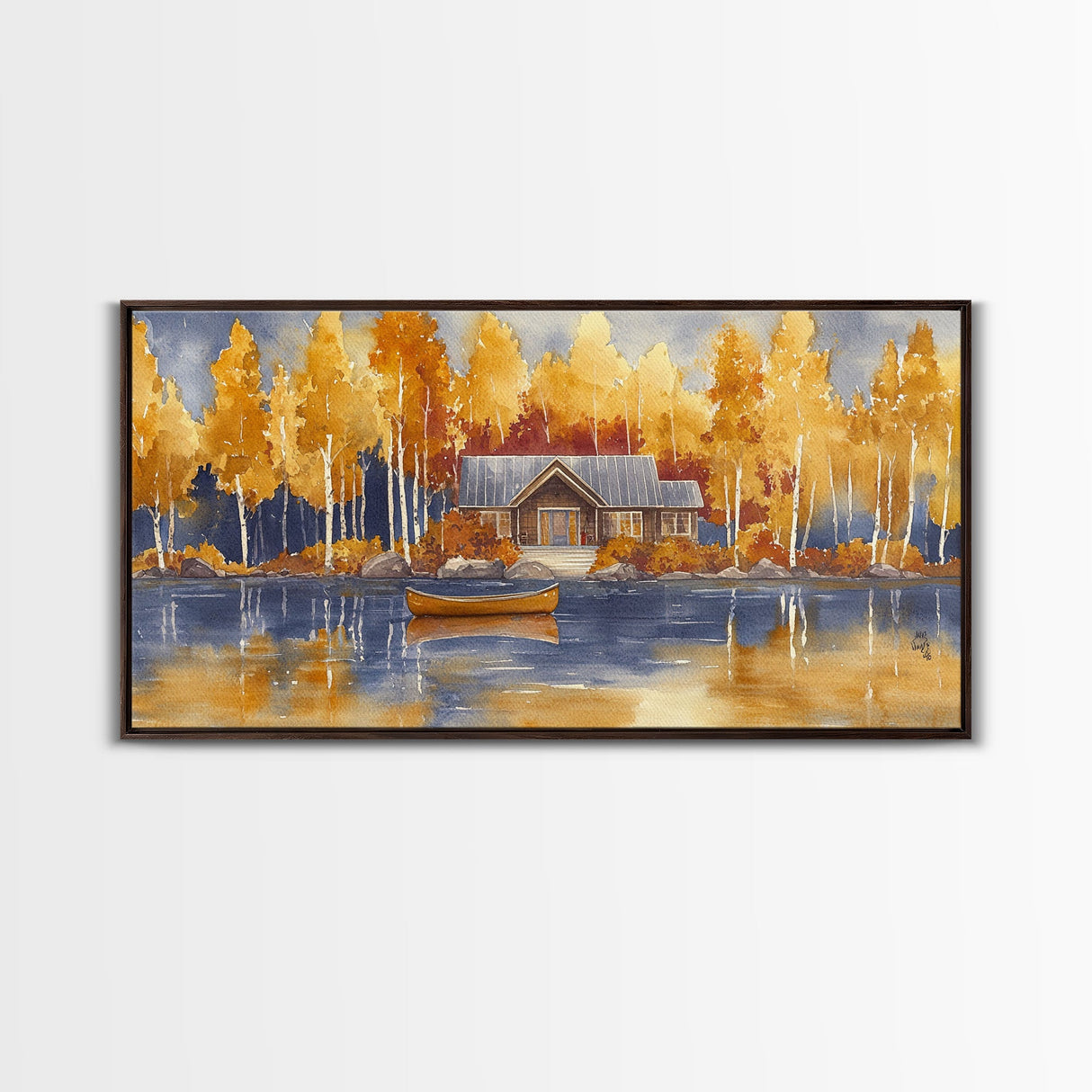 Lakeside cabin in autumn, framed canvas print, cozy fall decor, rustic cabin home decor, fall landscape wall art, perfect autumn gift idea