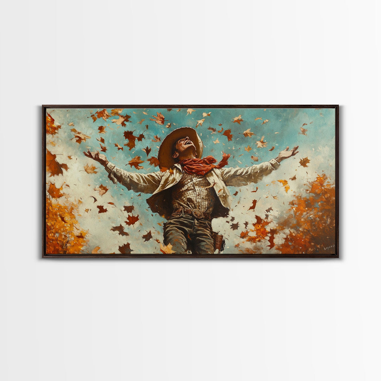 Cowboy Throwing Leaves In The Air, Funny Western Decor, Framed Canvas Print, Mood Lifting Wall Art, Fall Decor