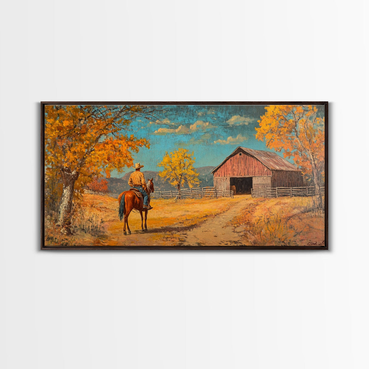 Cowboy Horse Autumn River Framed Canvas Print Perfect Above Sofa Fall Cowboy Art Moody Landscape Fall Western Wall Art