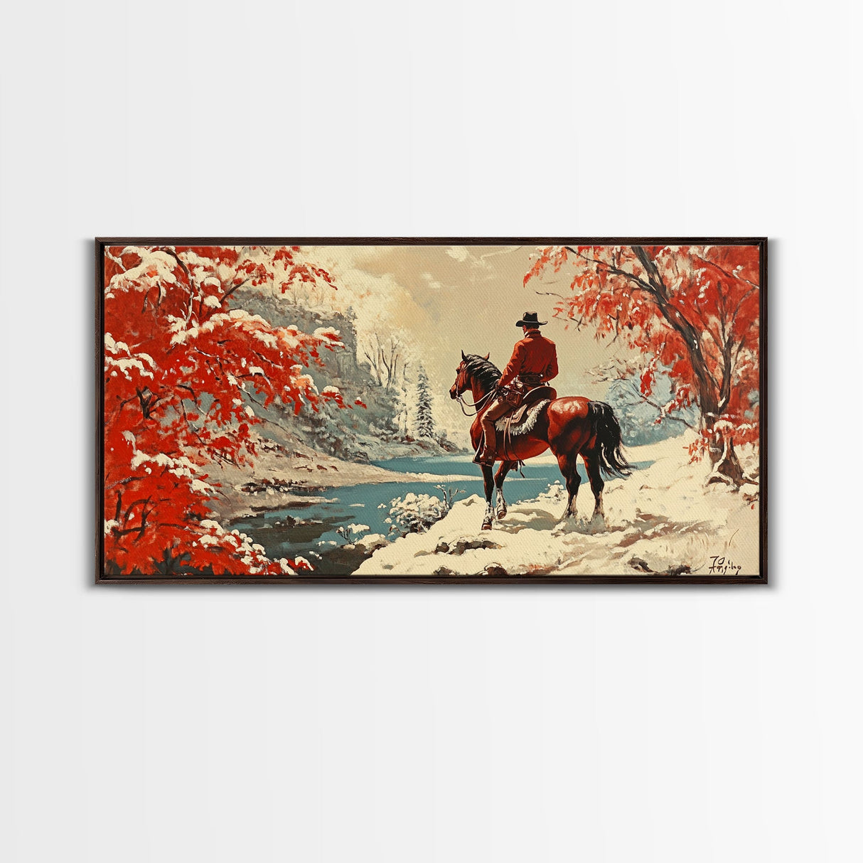 Cowboy resting by campfire under aspen trees with mountains in background, Framed Canvas Print, rustic wall art, warm western decor piece