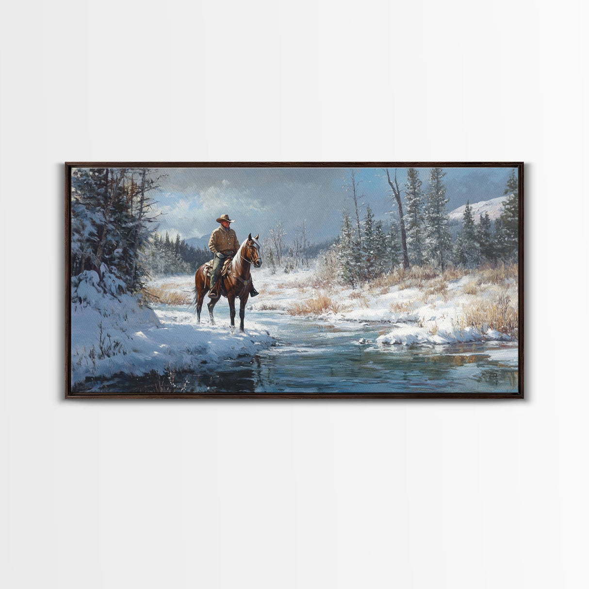 Cowboy riding horse through vibrant autumn forest, Framed Canvas Print, tall fall wall art, rustic western decor, moody landscape