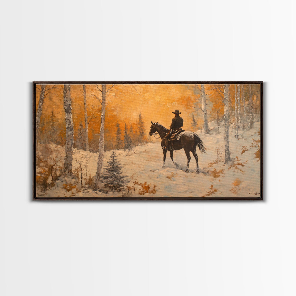 Cowboy riding horse through deep snow in a winter storm, Framed Canvas Print, dynamic winter wall art, rustic western home decor