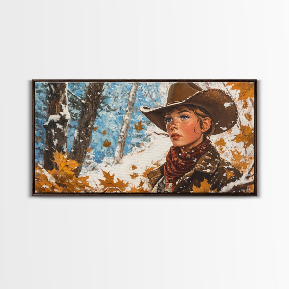 Western-inspired Framed Canvas Print of a woman on horseback in a snowy mountain landscape, holiday wall art and winter wonderland vibes