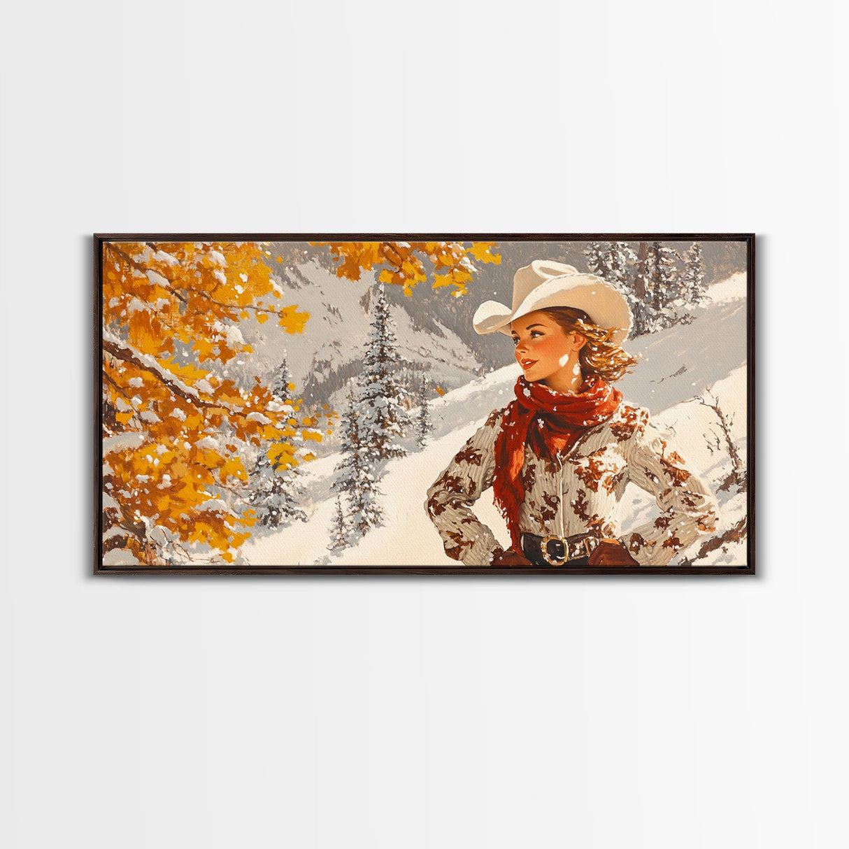 Charming Framed Canvas Print of a Cowgirl in Autumn Leaves, Perfect Fall Wall Decor and Gift Idea for Fans of Western Art Rustic Home Decor