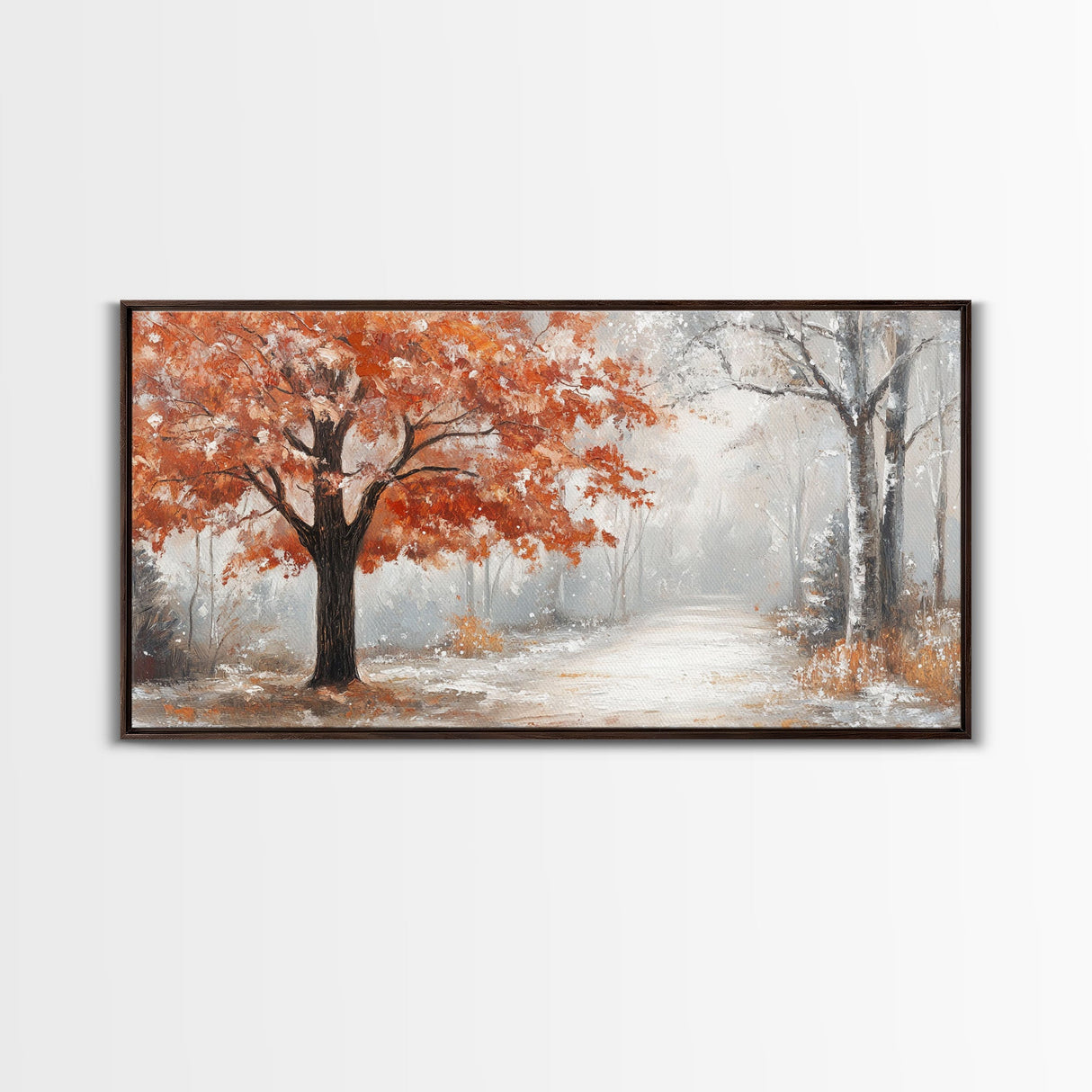 Misty Forest Path with Orange Leaves Framed Canvas Print, Ideal Autumn Decor or Fall Wall Art for Cozy Home Interiors