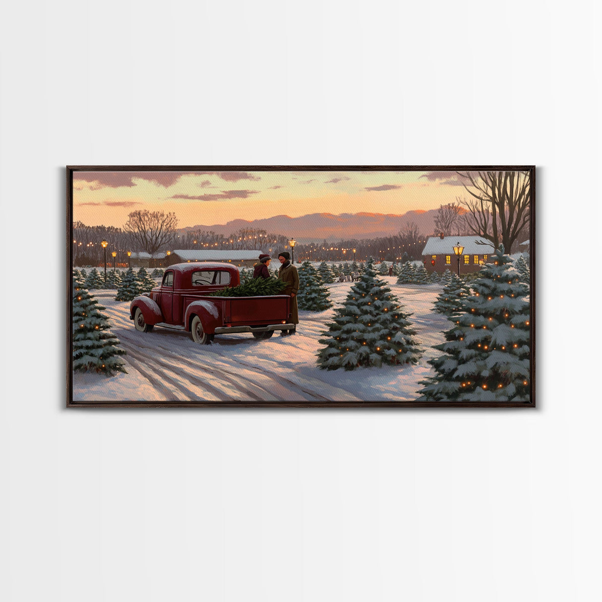 Christmas Tree Farm Framed Canvas Print, Red Truck Winter Scene, Farmhouse Christmas Decor, Christmas Vacation Decor, Holiday Art Gift