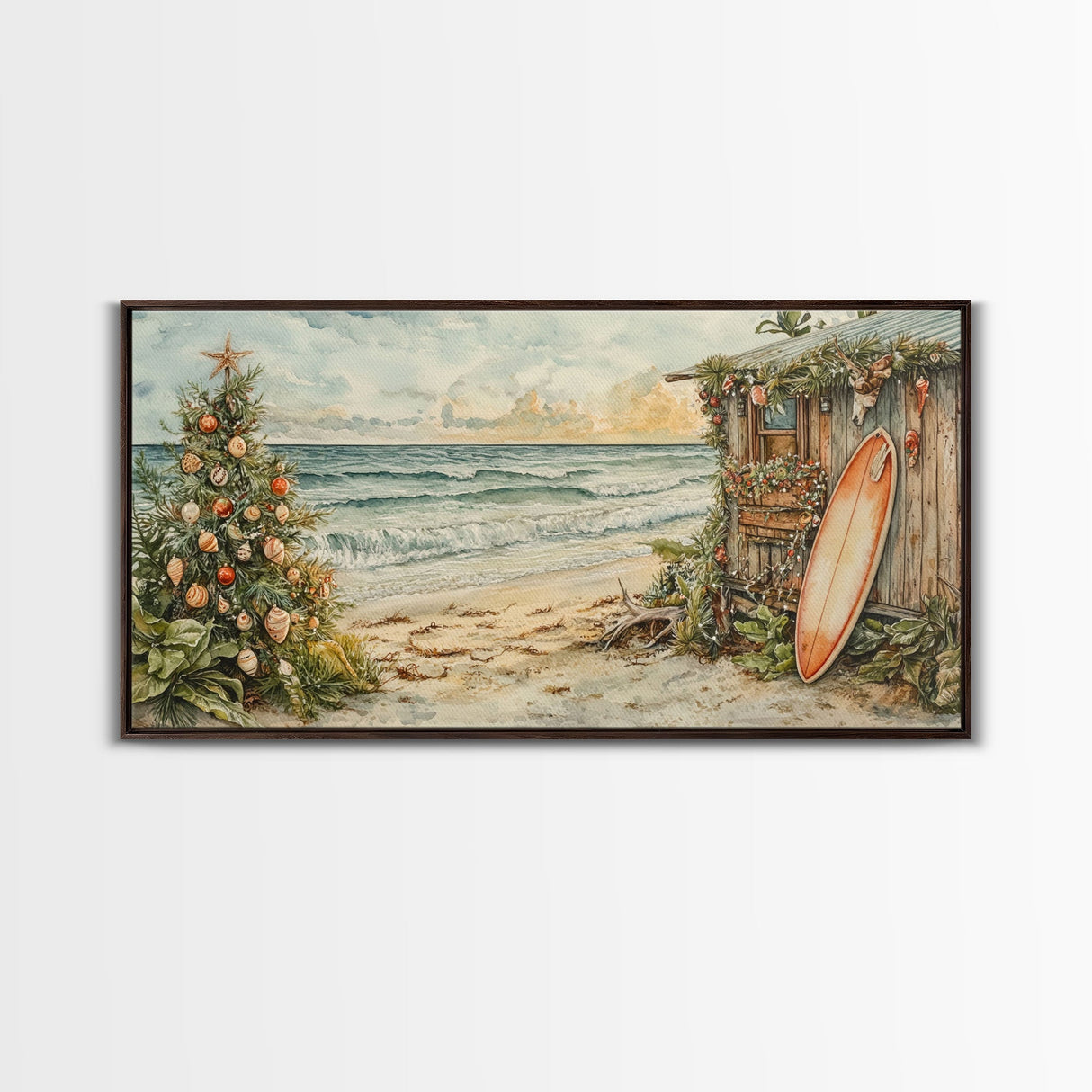 Christmas Tree Beside Rustic Beach House Coastal Holiday Scene Framed Canvas Print, Beach Christmas Wall Art And Decor