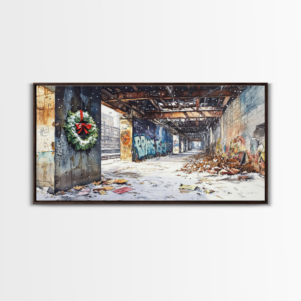 Rustic Urban Wreath Holiday Decor Framed Canvas Print, Christmas Scene with Snowfall and Graffiti Wall Perfect Holiday Wall Art