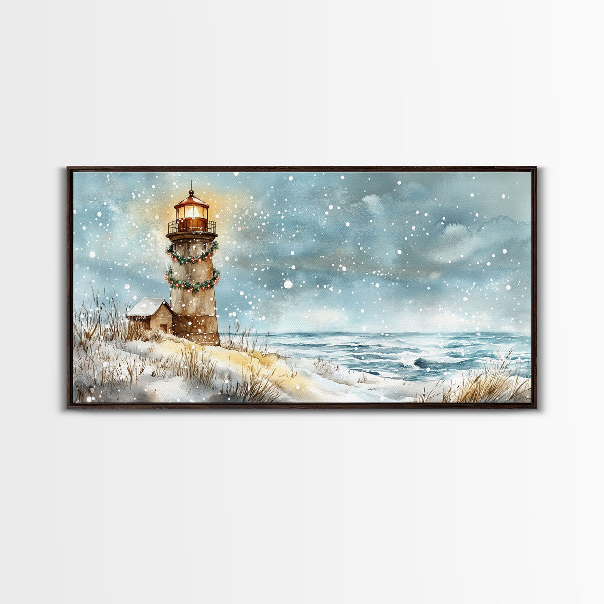 Coastal Christmas Lighthouse Decor Framed Canvas Print, Snowy Beach Scene with Holiday Wreath and Lighthouse Winter Wall Art