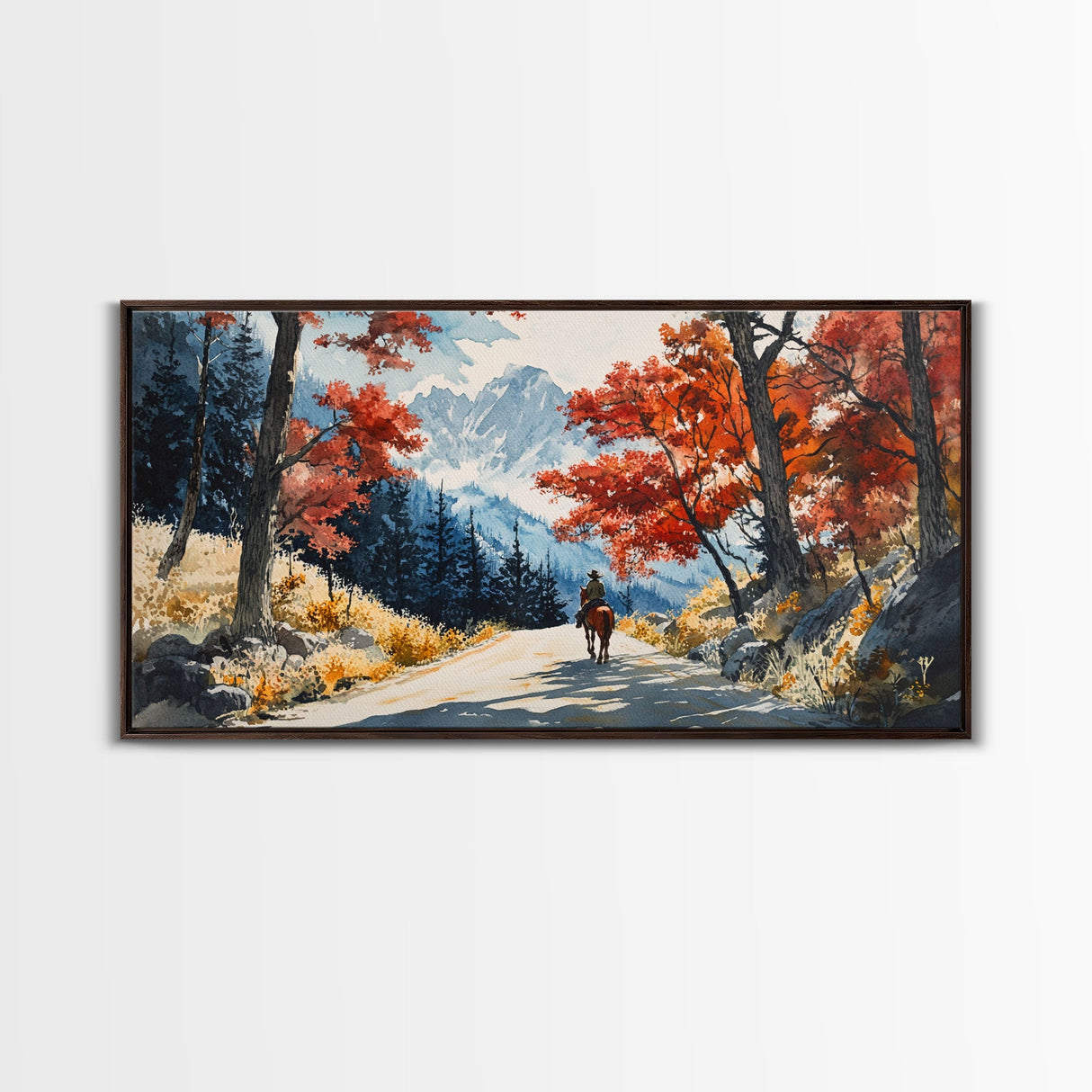 Cowboy Riding In Winter Snow Framed Canvas Print Tall Art Winter Landscape Rustic Christmas Decor Western Home Wall Art Mountain Gift Idea