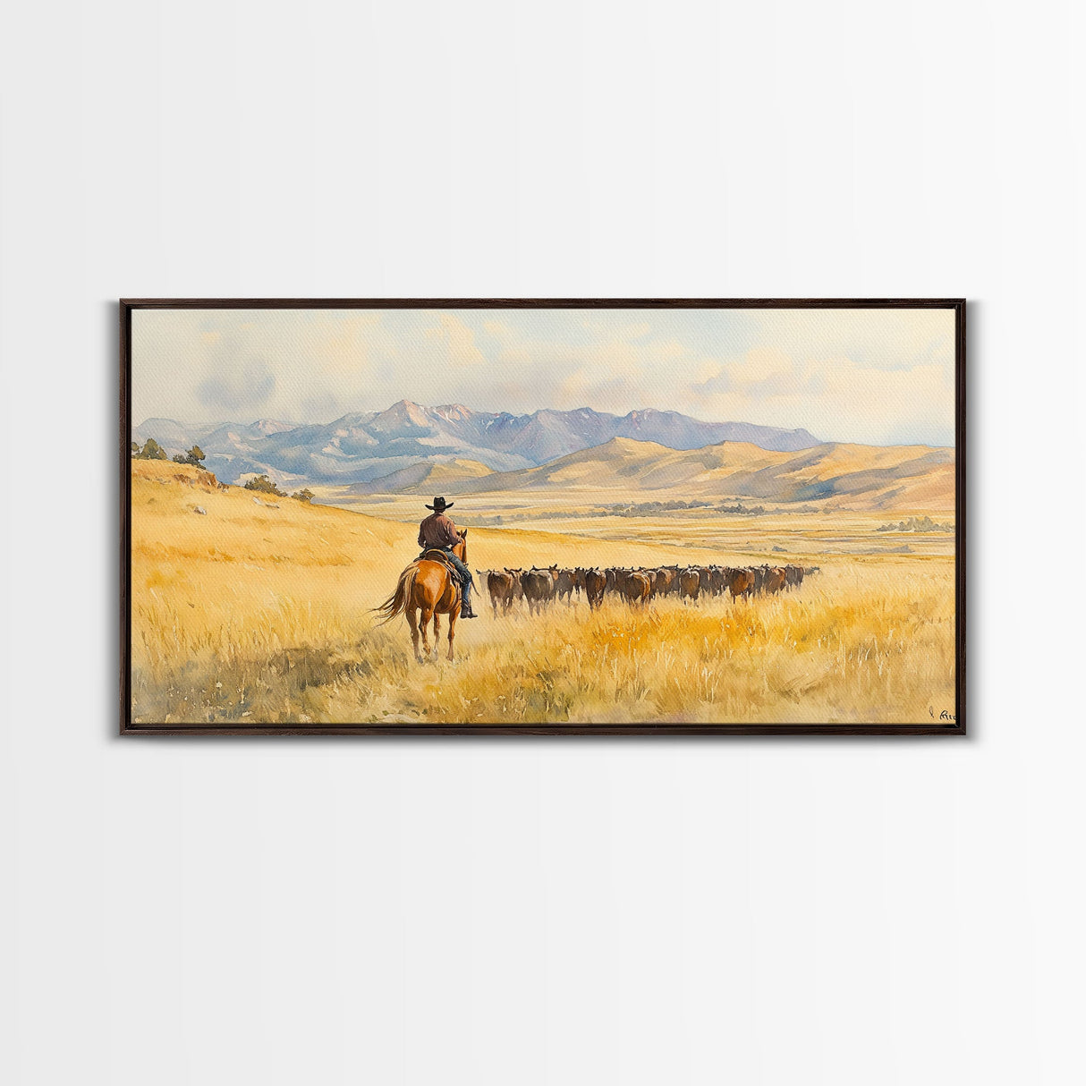 Cowboy On Snowy Path Framed Canvas Print Tall Art Winter Wonderland Western Christmas Decor Rustic Winter Wall Art Gift Cowboy Holiday Gift