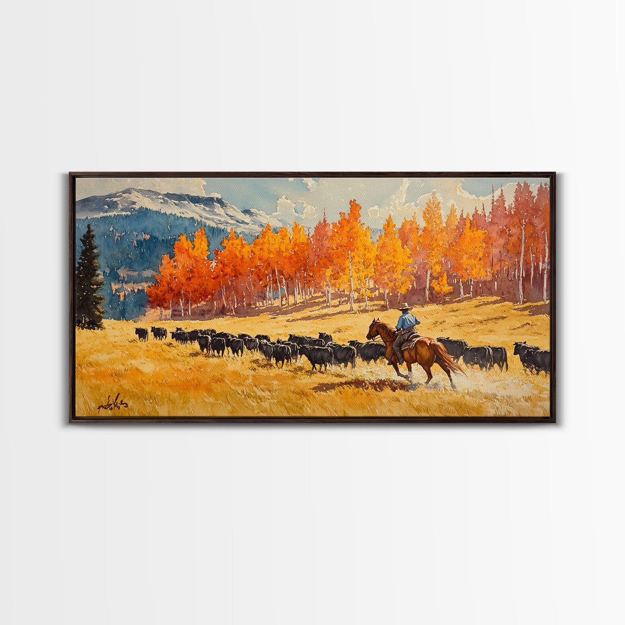 Cowboy Herding Cattle Under Mountains Framed Canvas Print Tall Art Autumn Country Landscape Fall Decor Western Wall Art Farmhouse Gift Idea