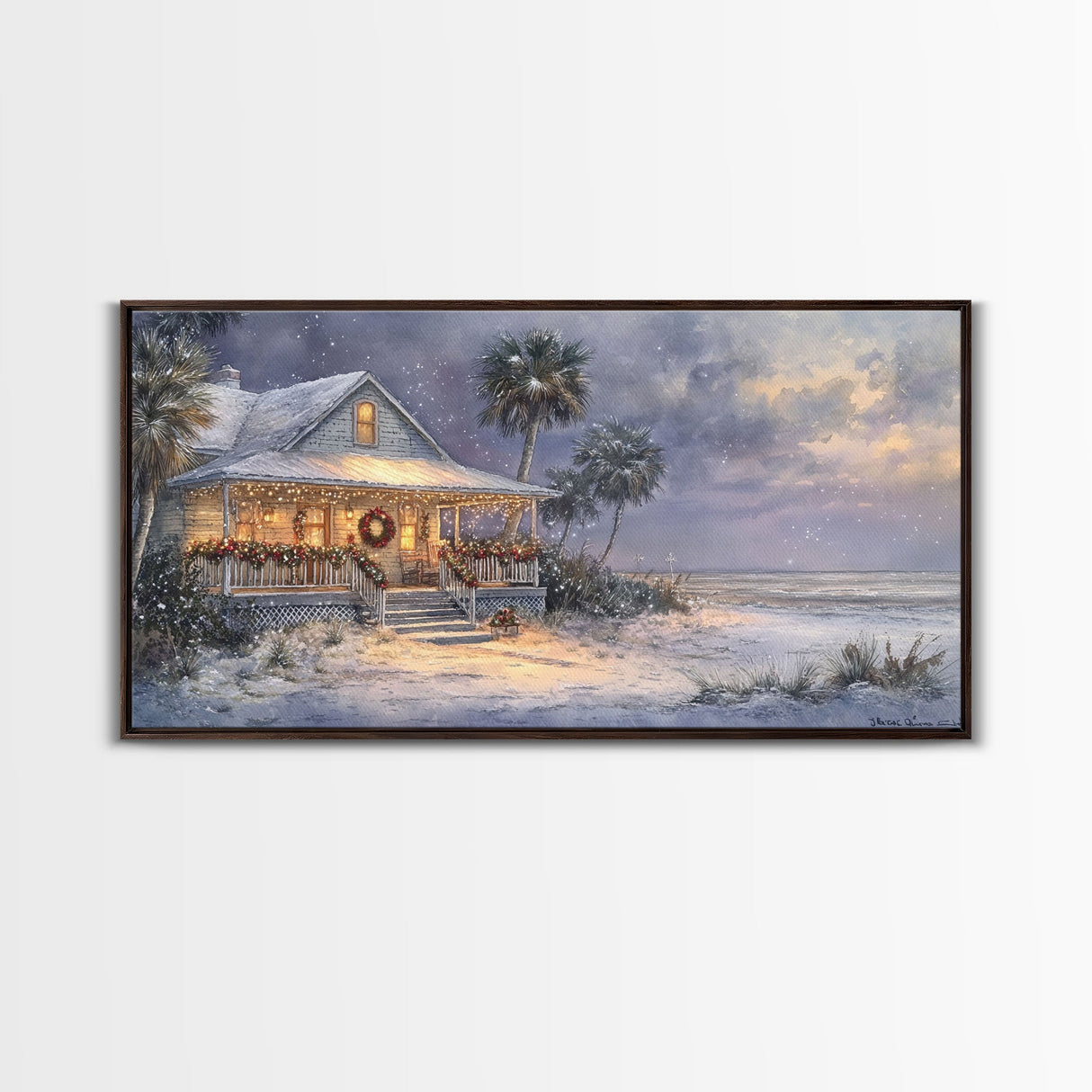 Christmas beach decor scene in tropical house with wreath and lights, Framed Canvas Print palm trees snow, winter art and holiday home decor