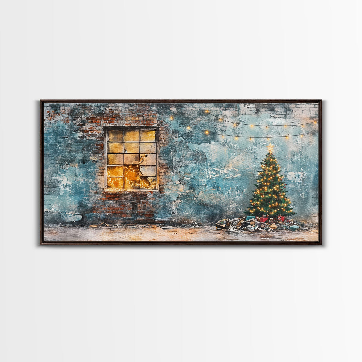 Rustic urban Christmas wall art with a glowing window and decorated tree, framed canvas print perfect seasonal decor, winter holiday display
