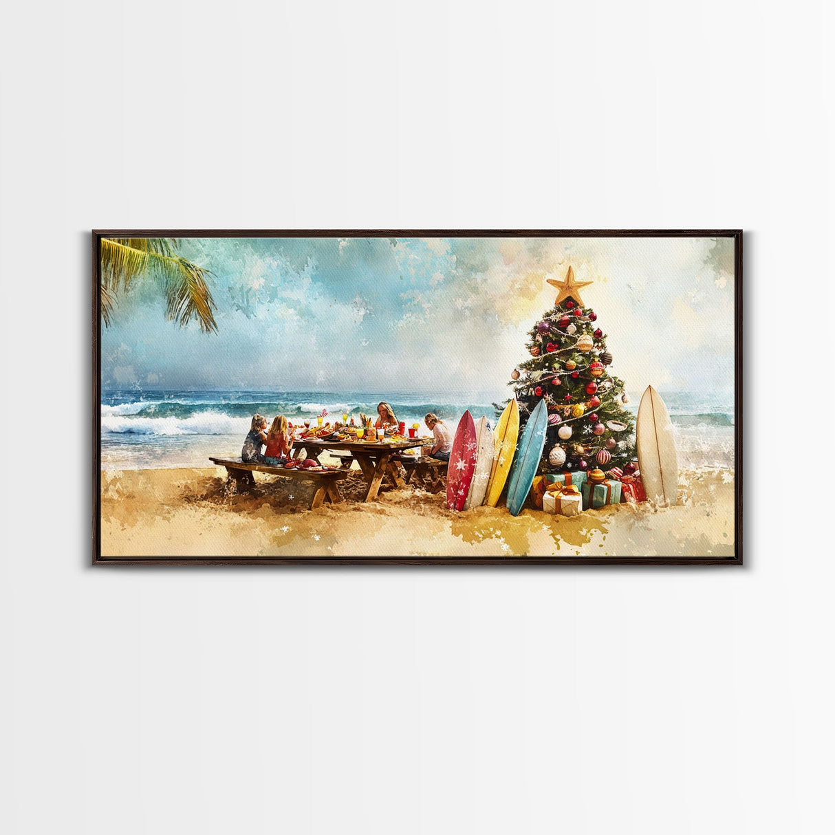Christmas family picnic by the beach with surfboards and tree, framed canvas print tropical coastal holiday beach Christmas decor