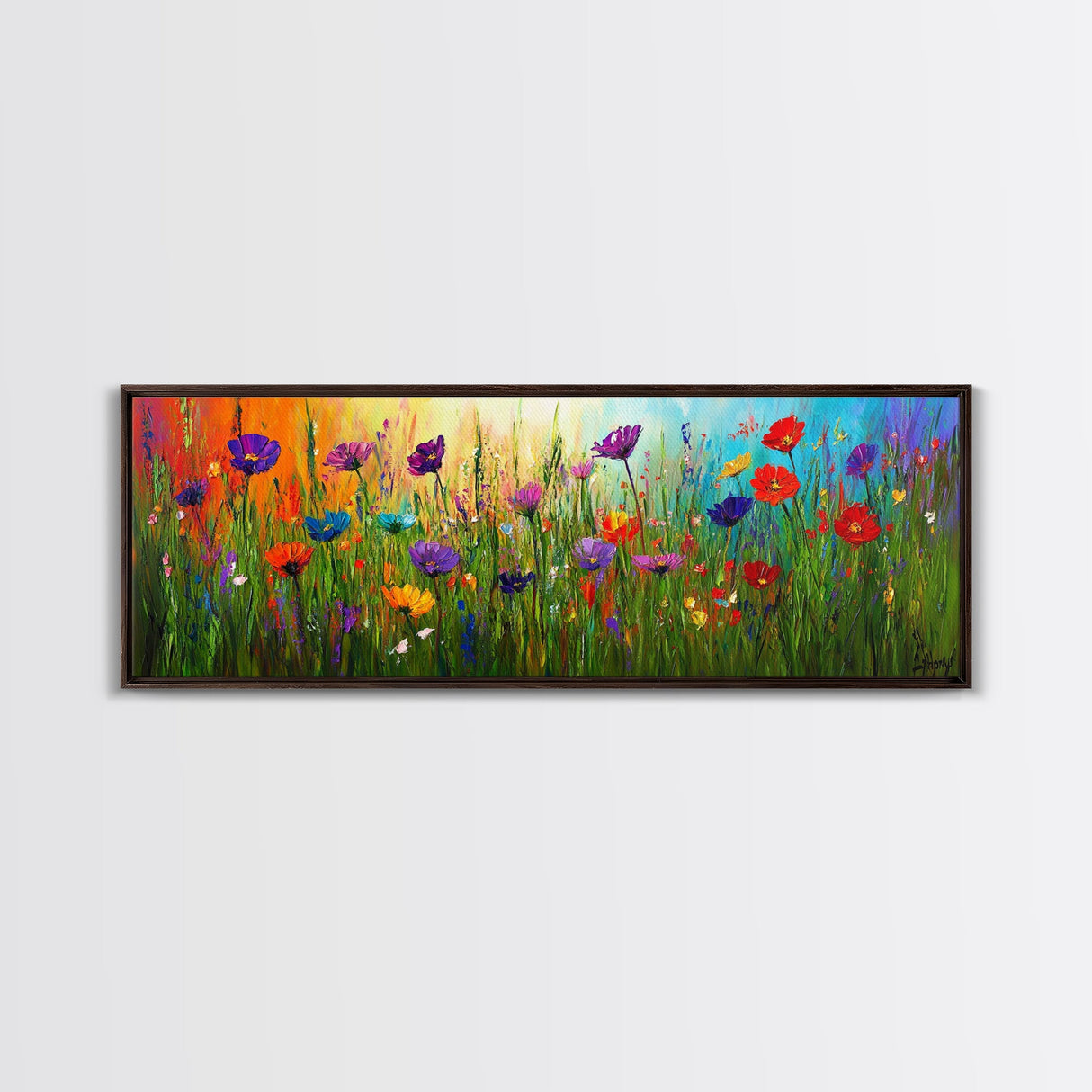 Purple Flowers, Panoramic Floral Print, Framed Canvas Art, Wildflowers Painting Spring Flower Watercolor Art Print, Field of Wildflowers