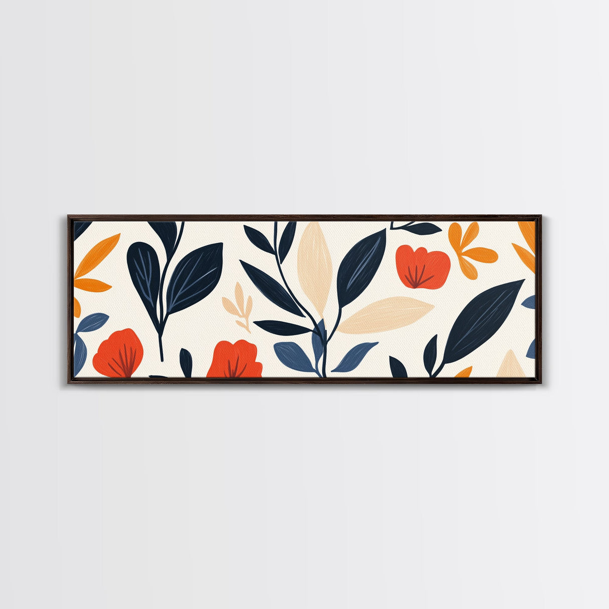 MCM Floral Print, Framed Canvas Art With Wood Frame, Over Sized Extra Wide Art For Above Sofa, Blue flowers on Black Background