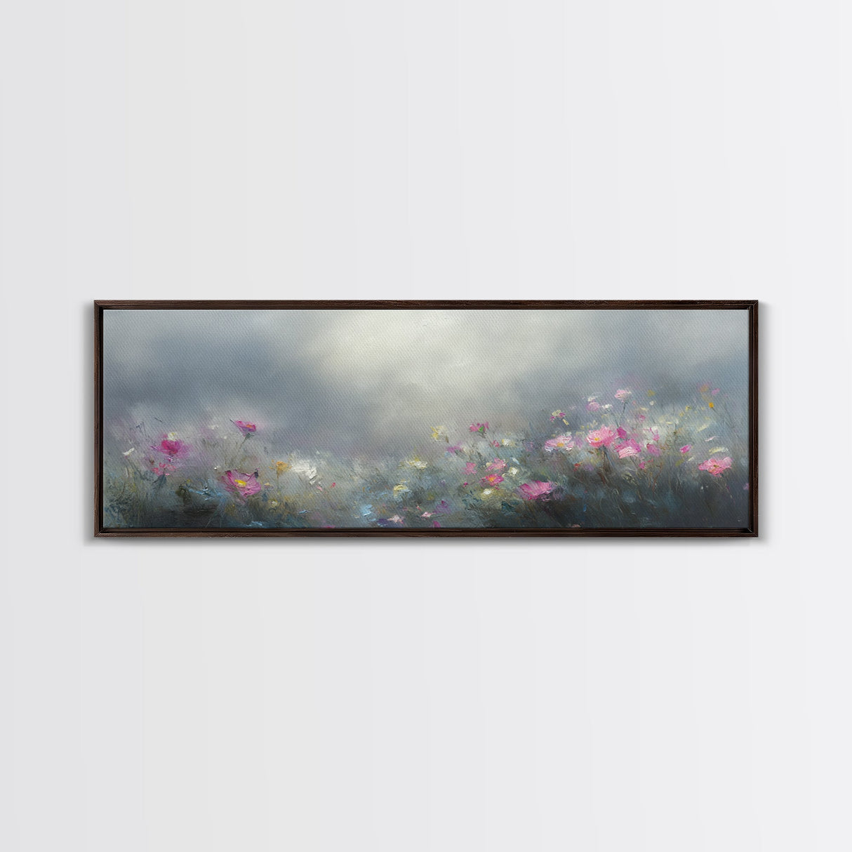 Moody Wild Flowers Under a Cloudy Sky, Panoramic Framed Canvas Print, Nature Decor, Boho Floral Wall Art, Flower Painting Gift For Her