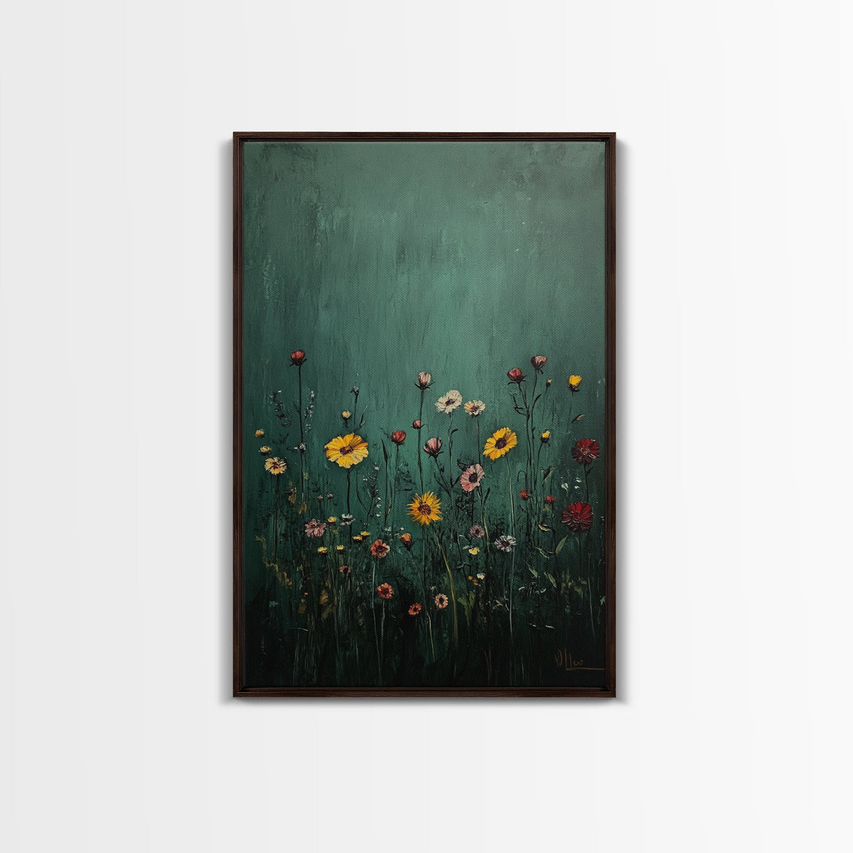 Wildflower Print, Oil Painting Flower Canvas Print Boho Botanical Wall Art, Dark and Moody Home Decor, Minimalist Bouquet
