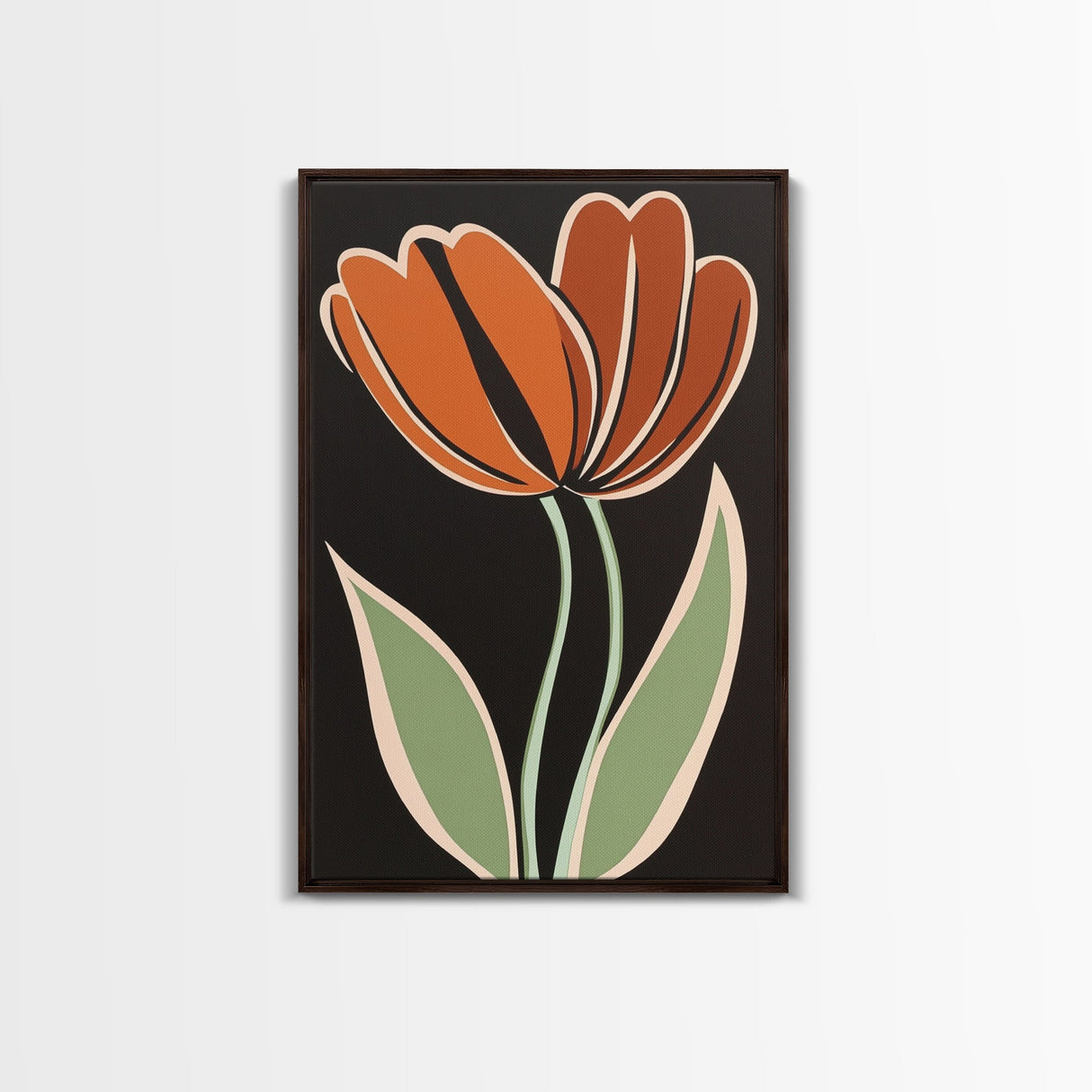 Orange Tulip with Black Background, Framed Canvas Print, Cute Floral Print, Botanical Minimalist Home Decor
