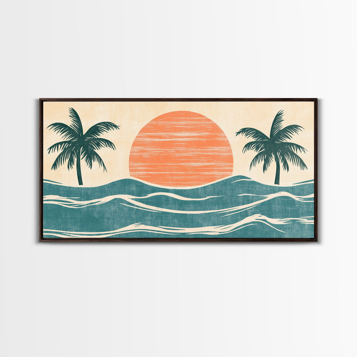 Japanese Wood Block Print Style Sunset and Palm Trees, Framed Canvas Print, Boho Style, Minimalist home Decor