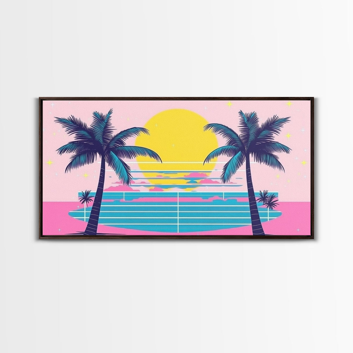 Retro Synthwave Wall Art, Outrun Home Decor Framed Canvas Print, Two Palm Trees and a Sunset