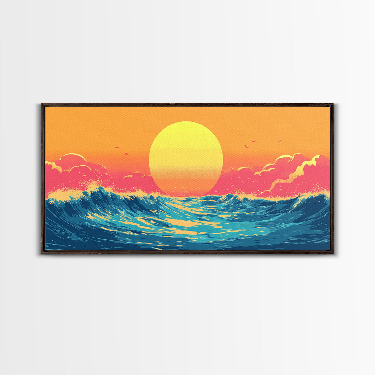 Retro Sunset Over The Ocean, Framed Canvas Print, Beautiful Synthwave Horizontal Wall Art