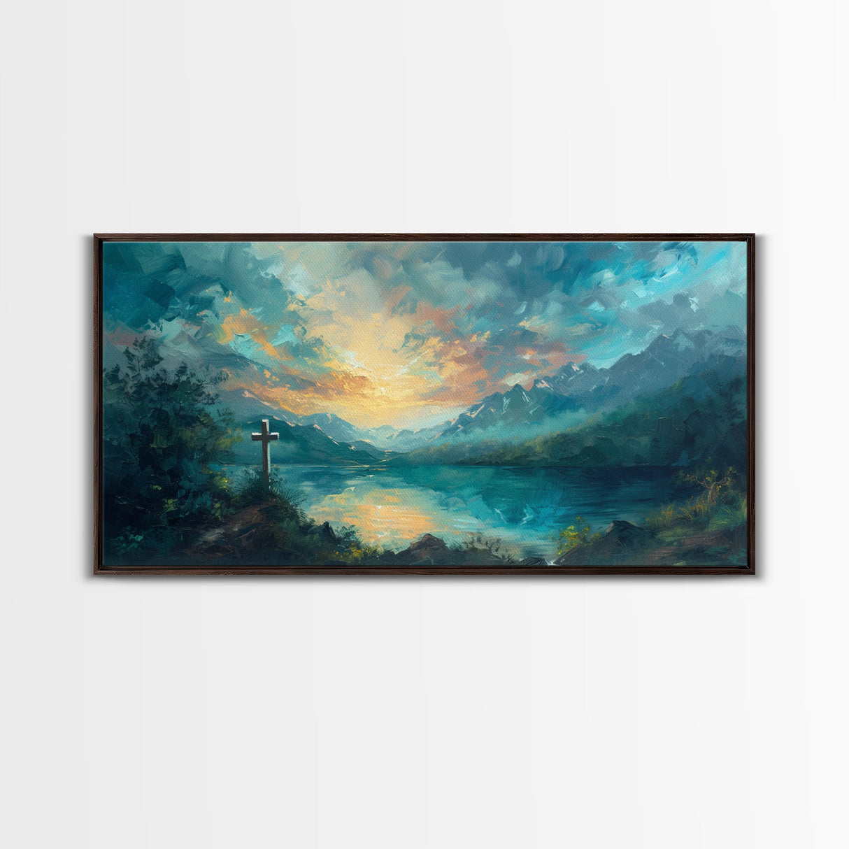 Painting Of a Cross And a Beautiful Landscape, Framed Canvas Print, Christian Wall Art