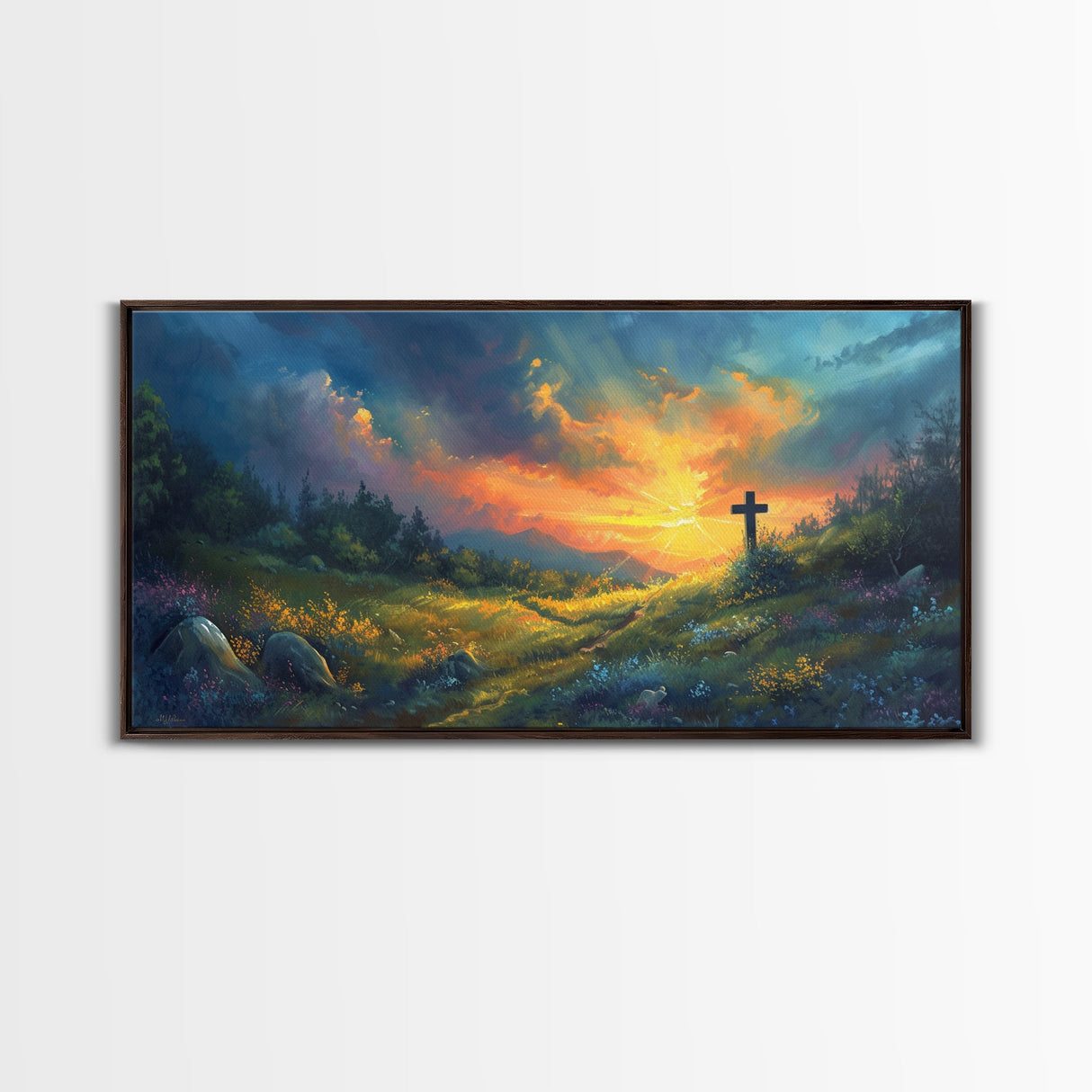 Painting Of a Cross in A Beautiful Landscape Christian Wall Art Framed Canvas Print