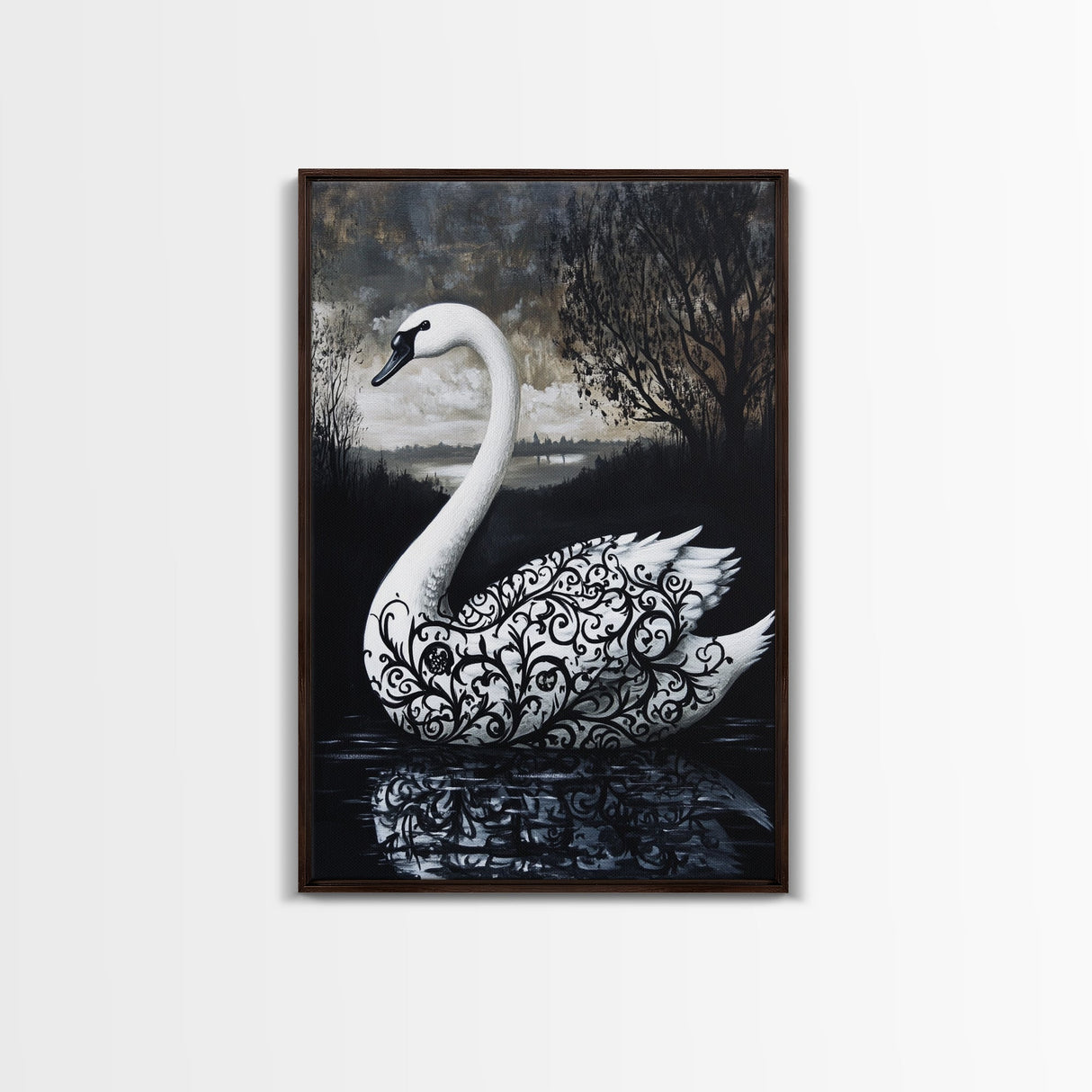 Elegant Gothic Swan Canvas Print | Framed Swan Poster Canvas | Wildlife Decor, animal prints, Swan Painting, Rustic Home Decor, Living Room Art
