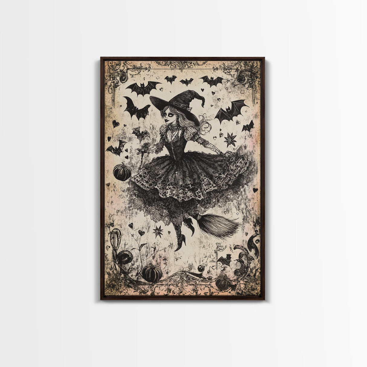 Spooky Season Halloween Witch, Witchy Decor Canvas Print, Black and White Witch Painting Print, Charcoal Sketch Of a Witch