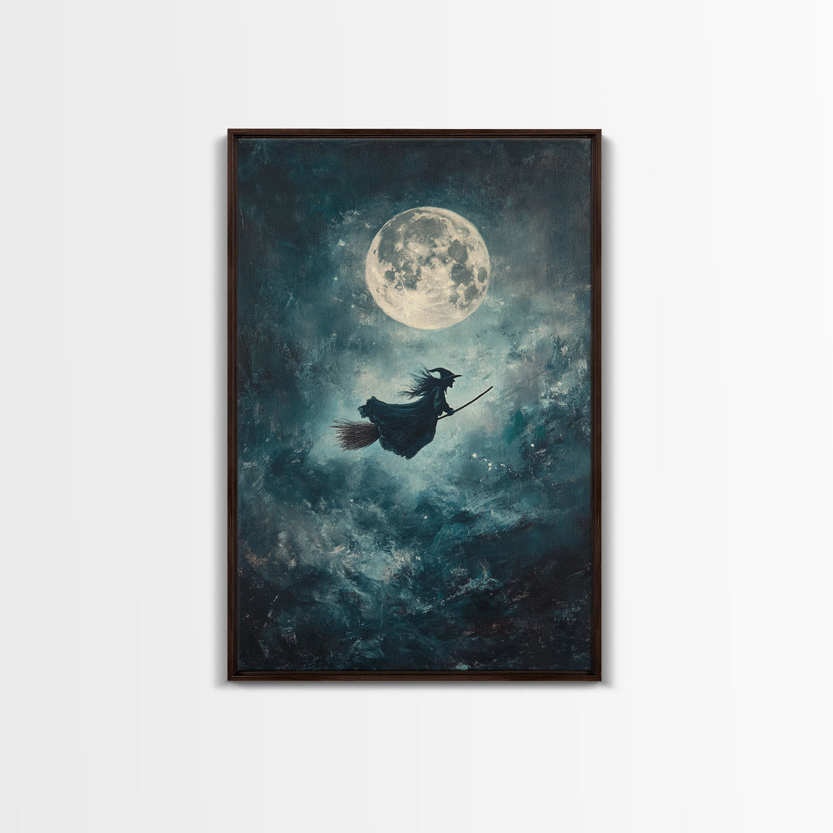 Witchy Decor, Witch Wall Art, Witch Riding a Broom Under a Full Moon, Witch Painting, Framed Canvas Print, Witchy Wall Art, Halloween Decor