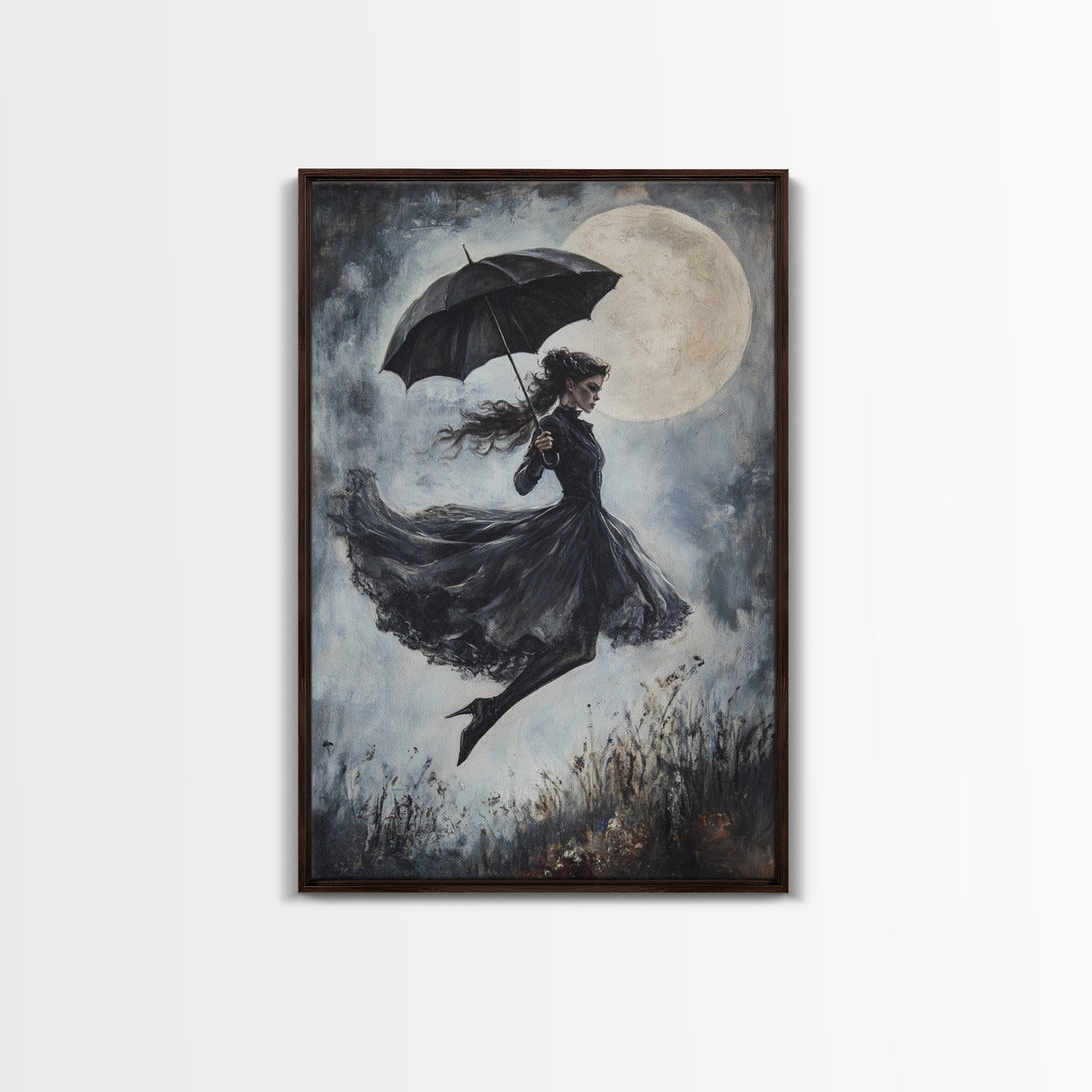 Witch Flying with an Umbrella, Framed Canvas Print, Witchy Decor, Halloween Wall Art, Goth Art, Dark Academia