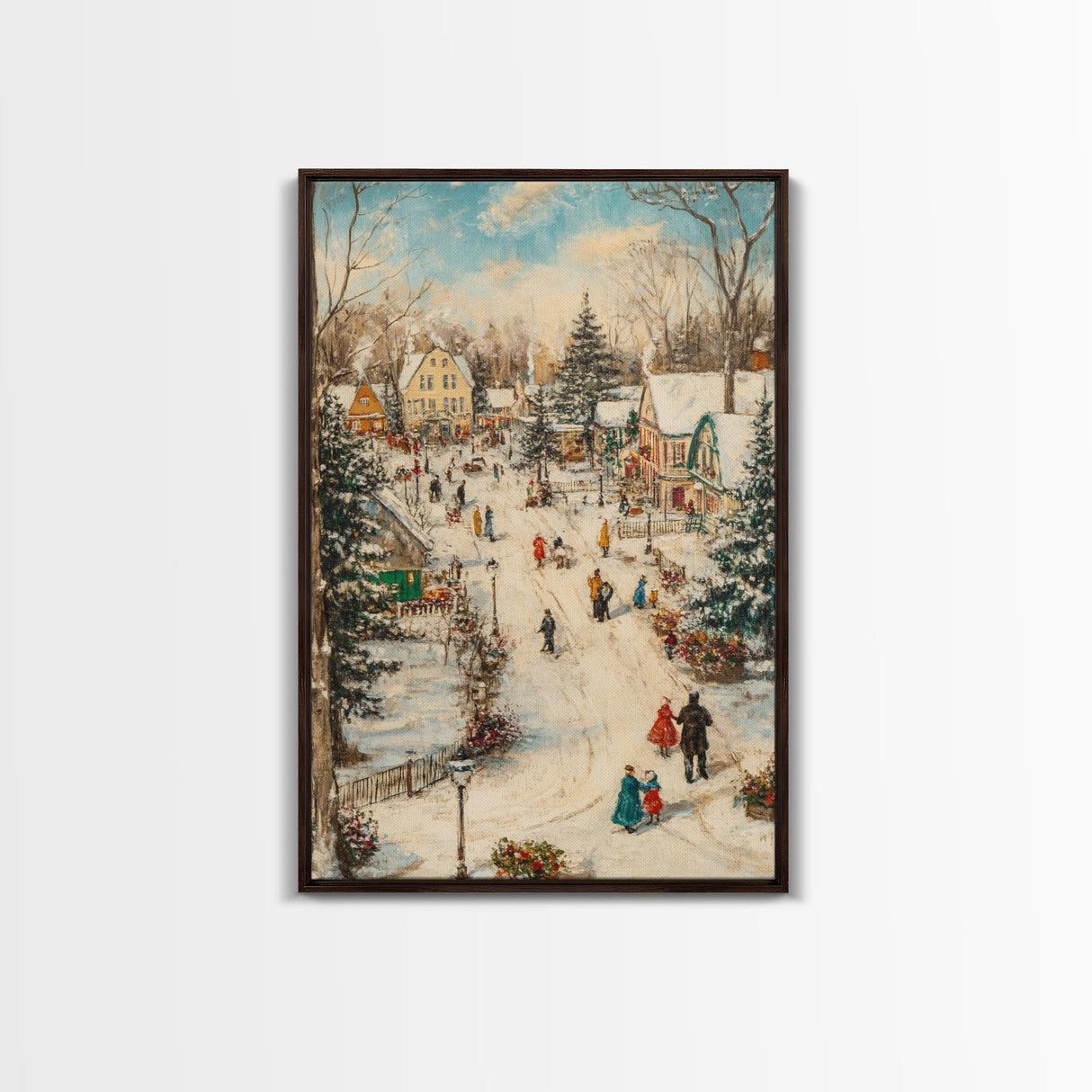 Christmas Village Mantle Painting, Christmas Mantle Wall Art, Framed Canvas Print, Retro Christmas, Vintage Christmas Painting Wall Art