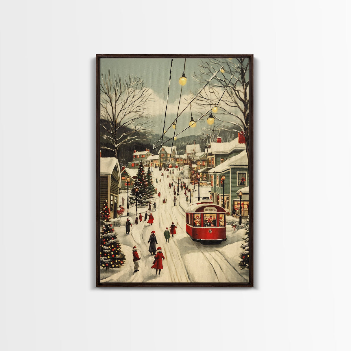 Vintage Christmas Trolley Painting Print, Framed Canvas Art, Christmas Village Wall Art