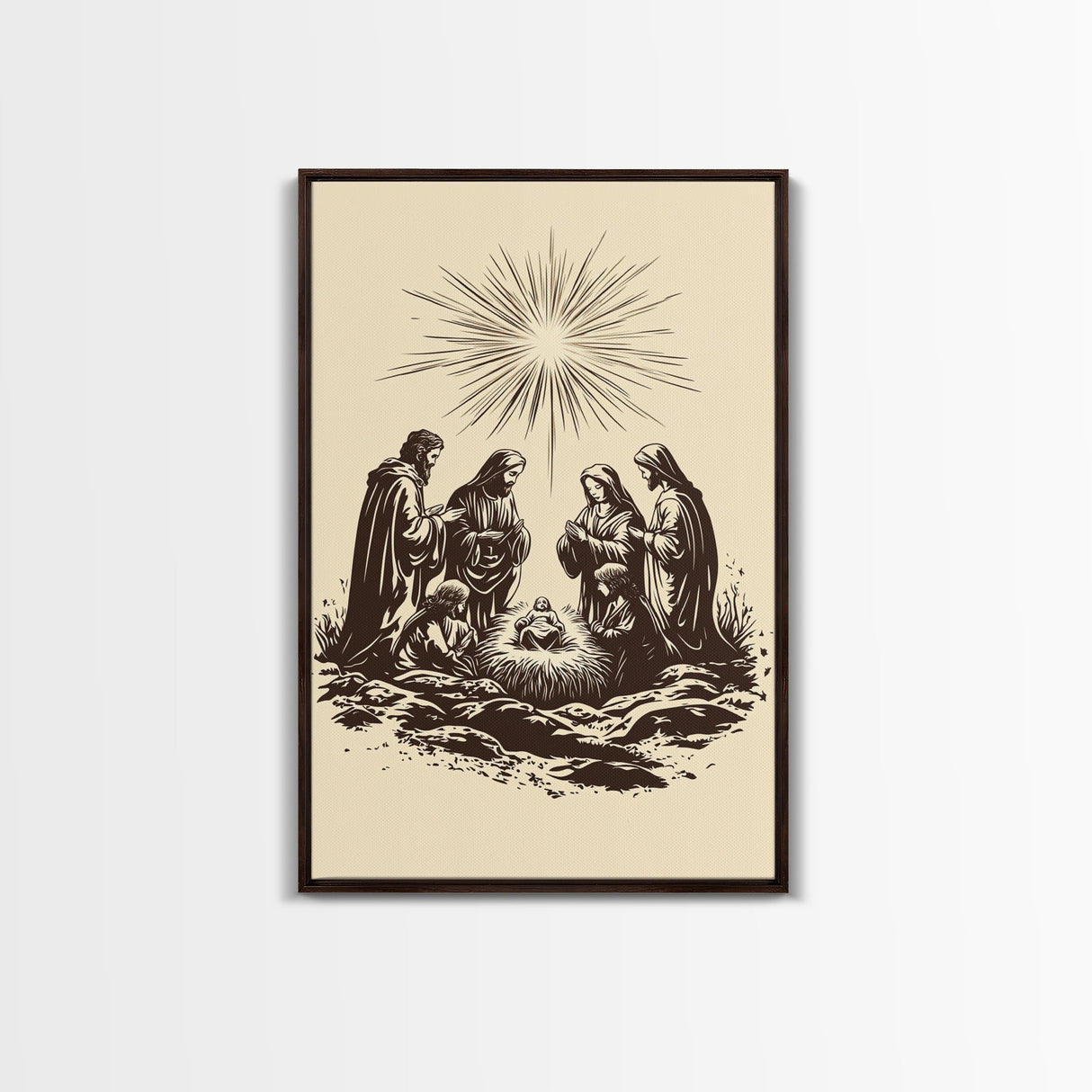 Nativity Scene Canvas Print - Framed Canvas - Minimalist Christmas Art - Boho Christmas Art - Rustic Christmas Art - Nativity Painting