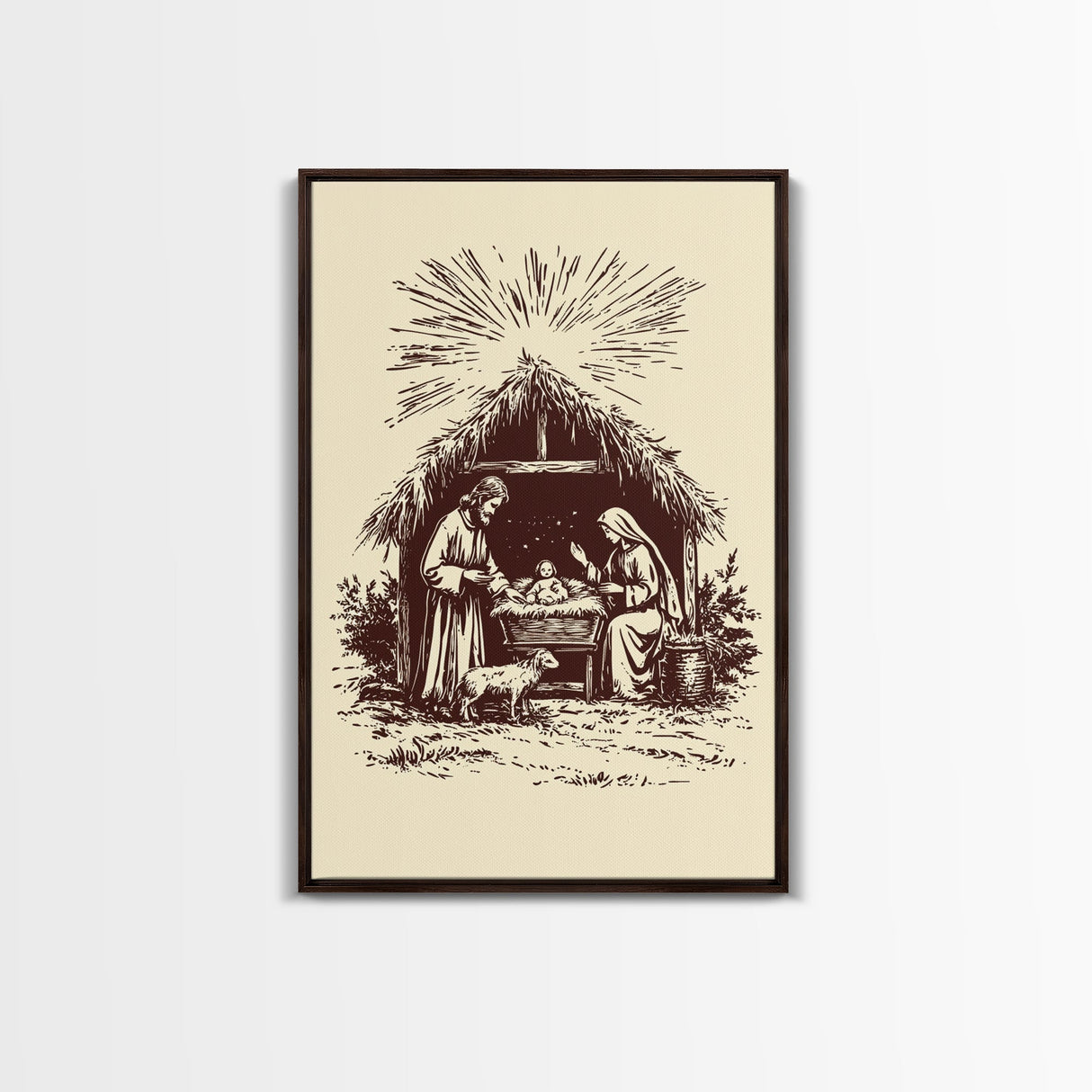 Retro Nativity Scene Canvas Print - Framed Canvas - Minimalist Christmas Art - Boho Christmas Art - Rustic Christmas Art